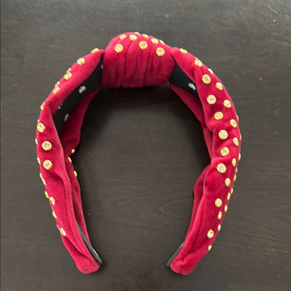Lele Sadoughi Deep Red Velvet Headband with Gold & Rhinestone Studs